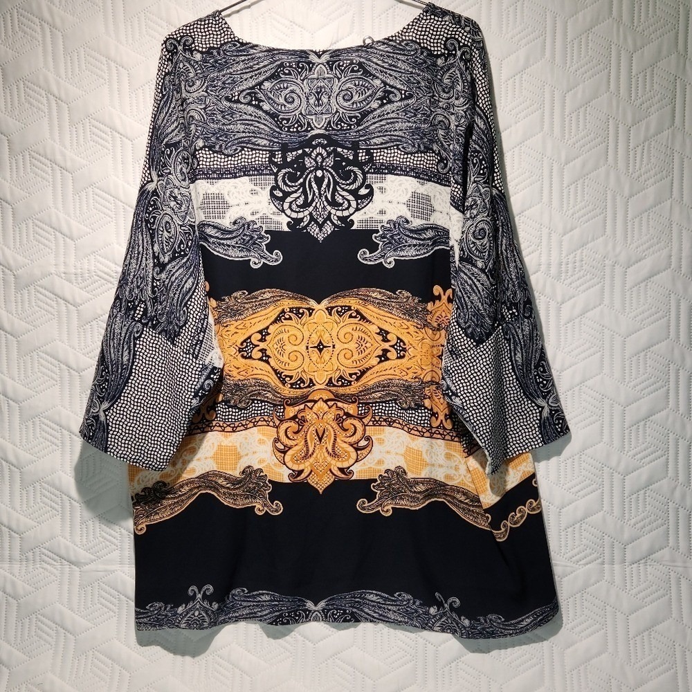 Alfani Blouse Women Navy White Orange Loose Flowy Fit Airy Boho 14W Peasant - Picture 2 of 11